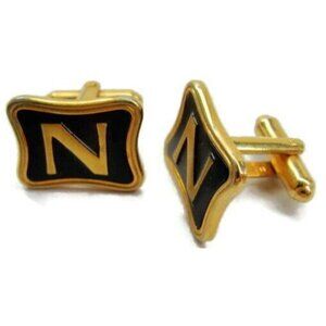 "N" Monogram Hickok Gold T Black Enamel Cufflinks Tux Shirt Dress Suit Vintage
